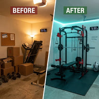 Smith Machine Power Cage, Multi-Function Home Gym System with Cable Crossover, 121LB Weight Stack — Before & After