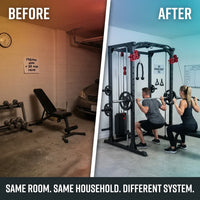 Smith Machine Power Cage, Multi-Function Home Gym System with Cable Crossover, 121LB Weight Stack — Before & After