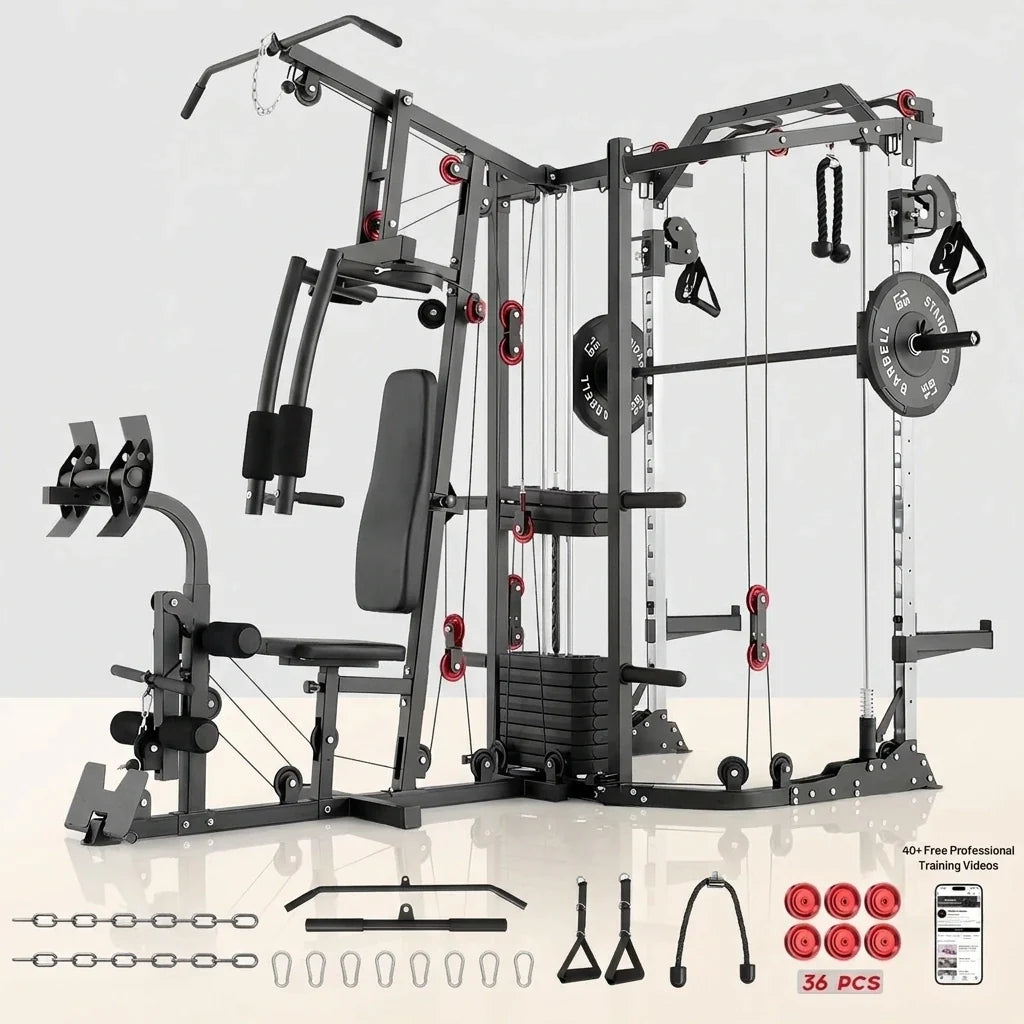 Smith Machine Power Cage, Multi-Function Home Gym System with Cable Crossover, 121LB Weight Stack — Studio Shot