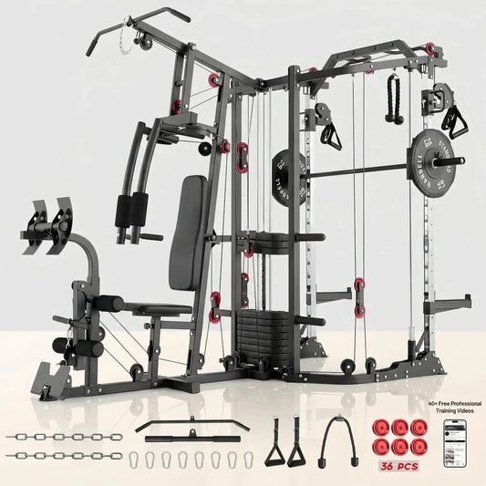 Smith Machine Power Cage, Multi-Function Home Gym System with Cable Crossover, 121LB Weight Stack — Studio Shot