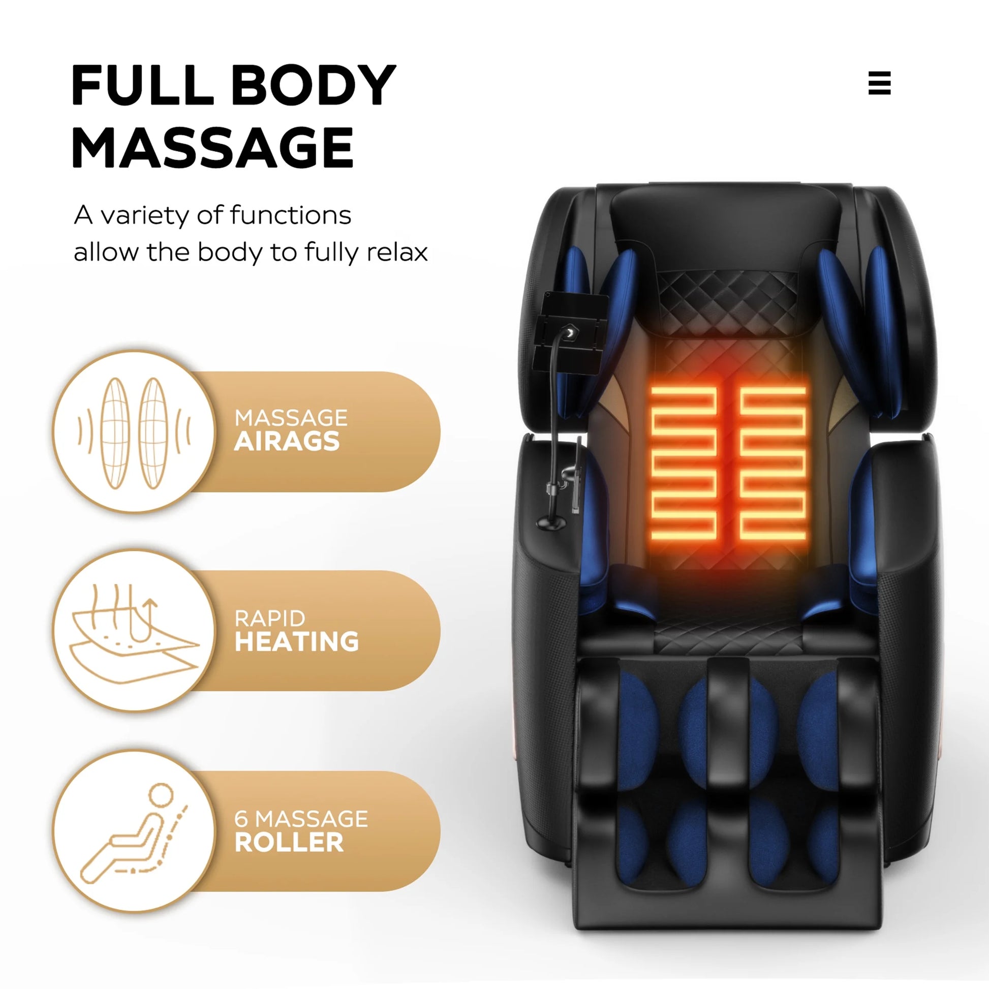 Massage Chair, Full Body Zero Gravity Massage Chair Electric Recliner Chair with Airbag Massage, Heat, Retractable Footstool, Bluetooth Audio Connection and Portable Stand, Black — product view 2