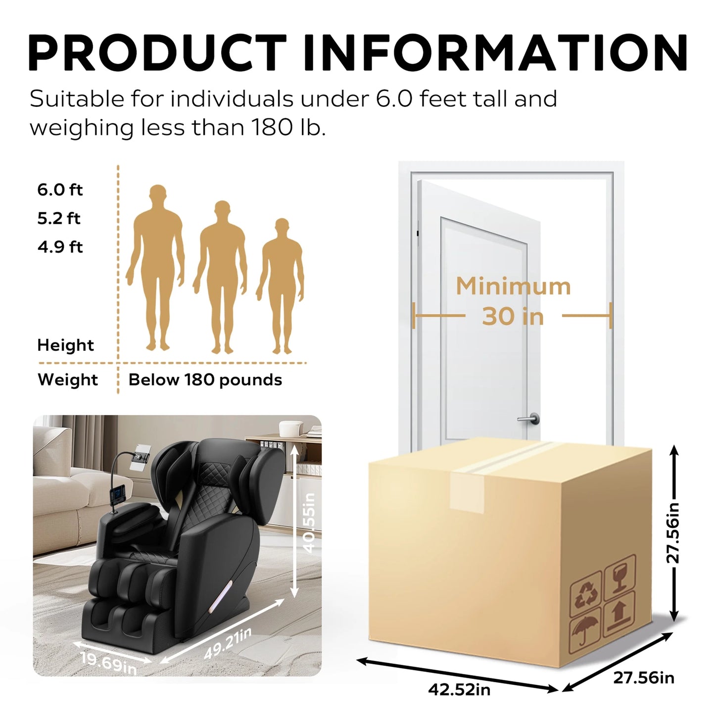 Massage Chair, Full Body Zero Gravity Massage Chair Electric Recliner Chair with Airbag Massage, Heat, Retractable Footstool, Bluetooth Audio Connection and Portable Stand, Black — product view 3