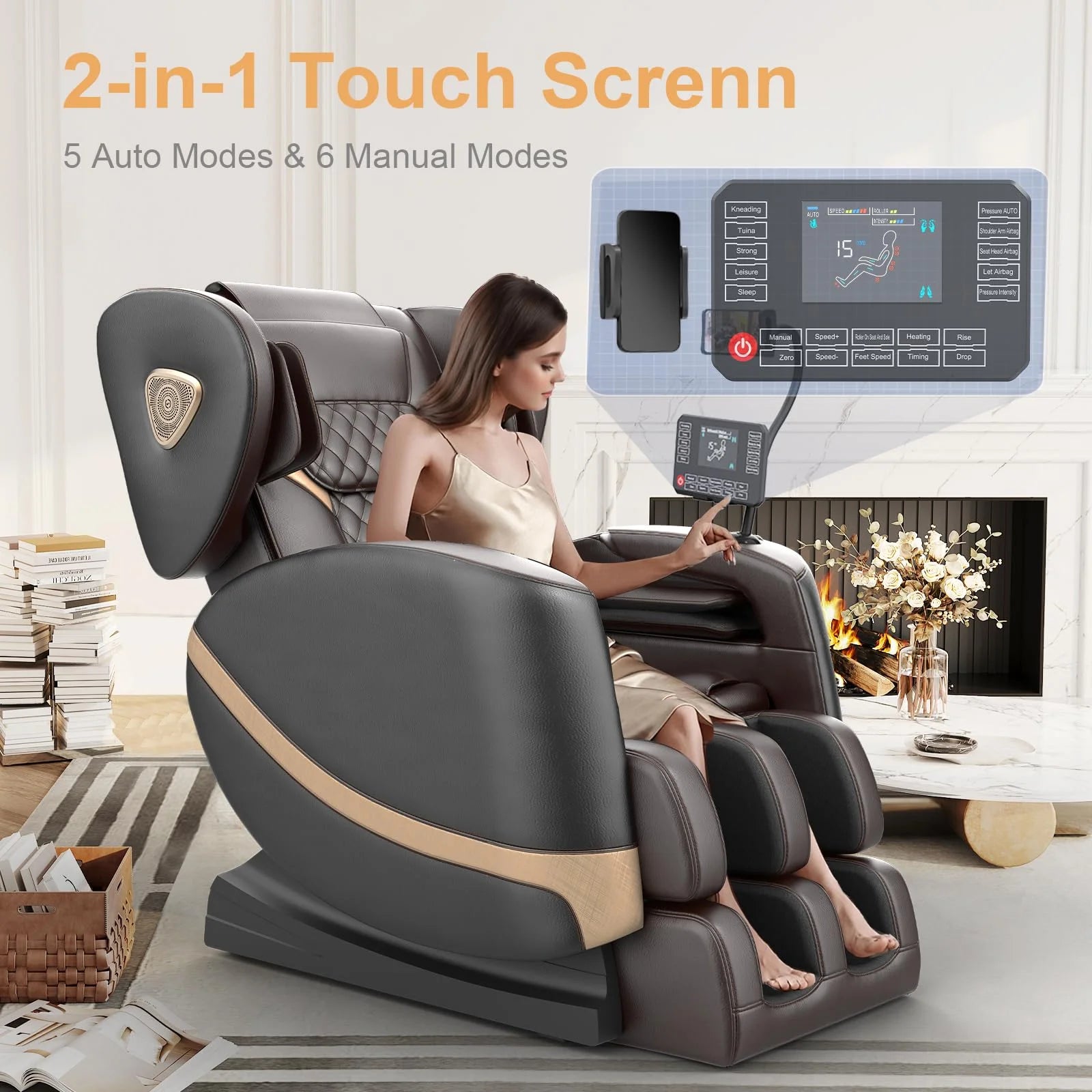 Massage Chair Full Body, Zero Gravity Massage Chair with 10 Fix Rollers, Heating, Foot Massage, Bluetooth Speaker, Touch Screen Controller, Fit Office and Home, Black — product view 4