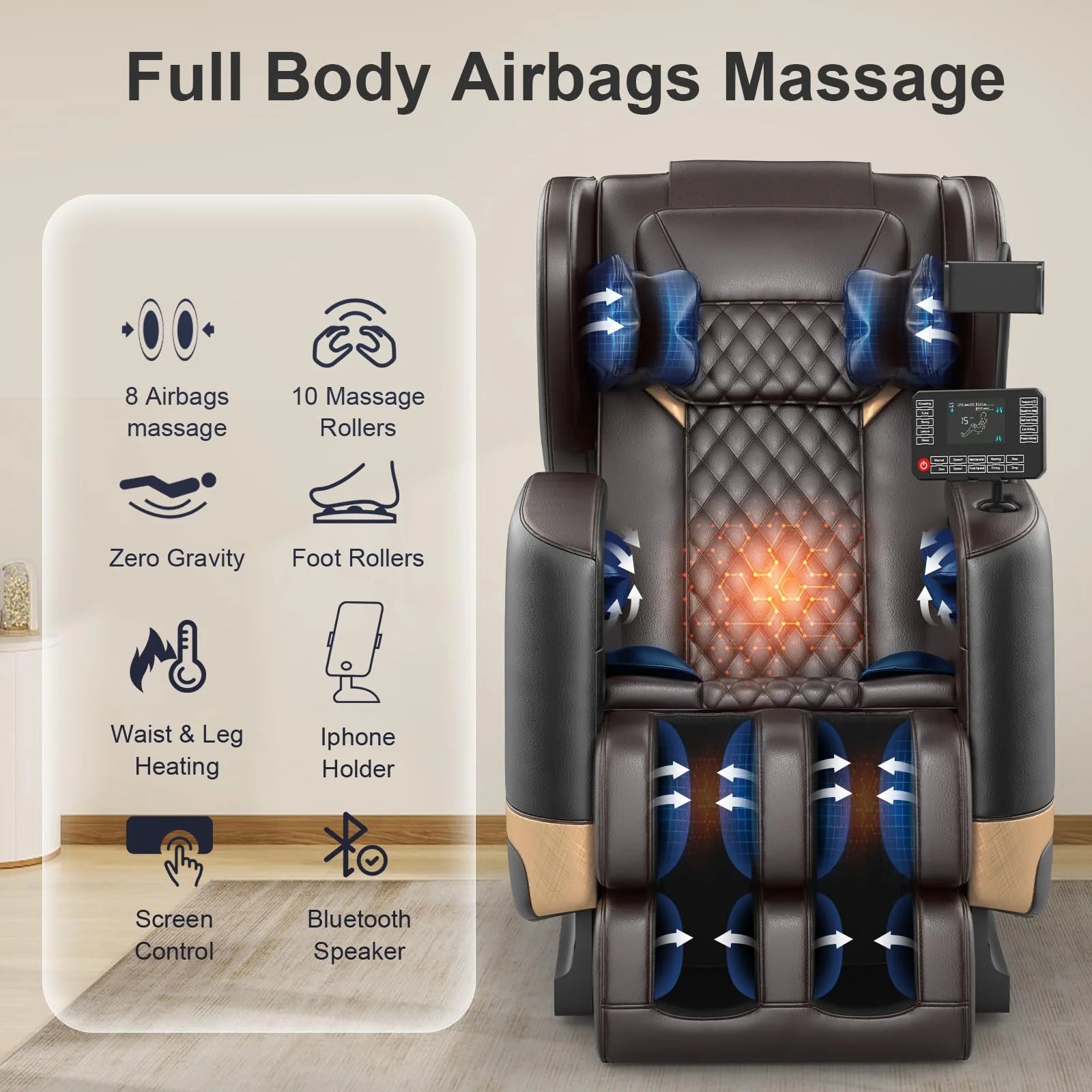 Massage Chair Full Body, Zero Gravity Massage Chair with 10 Fix Rollers, Heating, Foot Massage, Bluetooth Speaker, Touch Screen Controller, Fit Office and Home, Black — product view 7